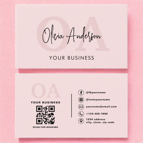 Monogram Blush Pink QR Code Modern Minimalist  Business Card