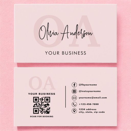 Customizable Monogram Blush Pink QR Code Modern Minimalist  Business Card