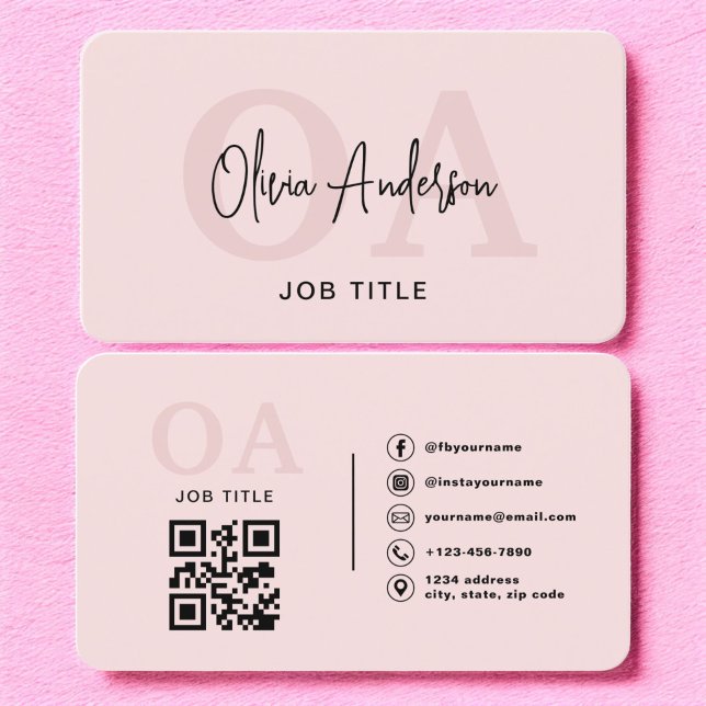 Monogram Blush Pink QR Code Modern Minimalist  Business Card (Creator Uploaded)