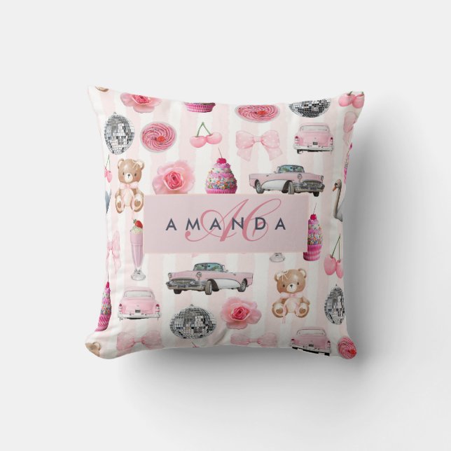 Monogram Blush Pink Retro Disco Ball Coquette  Throw Pillow (Front)