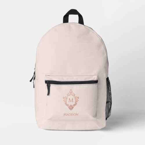 Monogram Blush Pink Rose Gold Crest  Custom Name Printed Backpack