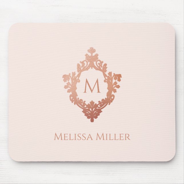 Monogram Blush Pink Rose Gold Crest Name Elegant Mouse Pad (Front)