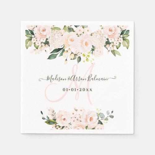 Monogram Blush Pink Roses Eucalyptus Any Event Napkins