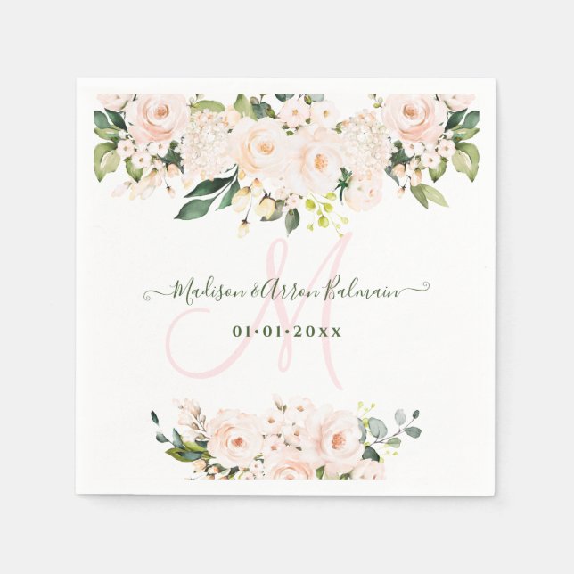 Monogram Blush Pink Roses Eucalyptus Any Event Napkins (Front)
