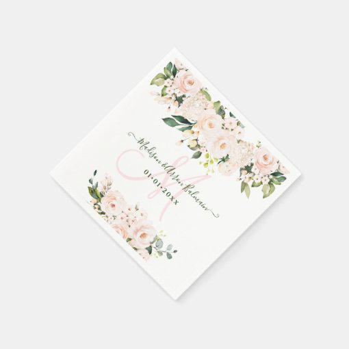 Monogram Blush Pink Roses Eucalyptus Any Event Napkins | Zazzle