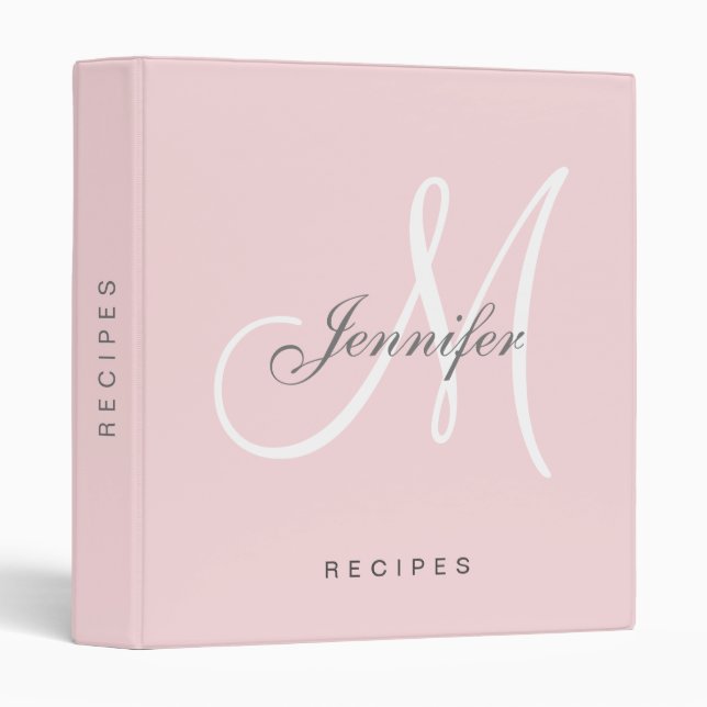 Monogram Blush Pink Script Elegant Name Recipe 3 Ring Binder (Front/Spine)