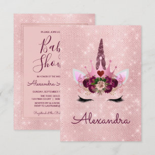 Monogram Blush Pink Sparkle Unicorn Baby Shower Invitation