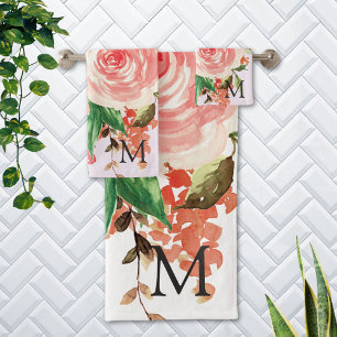 Monogram Blush Pink Spring Flower Floral Bouquet Bath Towel Set