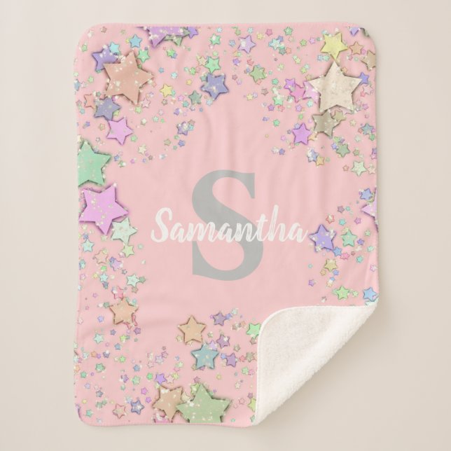 Monogram Blush Pink Stars Baby Girl's Personalized Sherpa Blanket (Front)