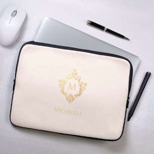 Monogram Blush Pink Vintage Ornate Faux Gold Crest Laptop Sleeve