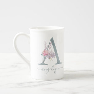 Monogram Blush Pink Watercolor Floral Letter A Bone China Mug