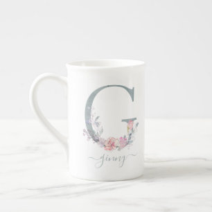Monogram Blush Pink Watercolor Floral Letter G Bone China Mug
