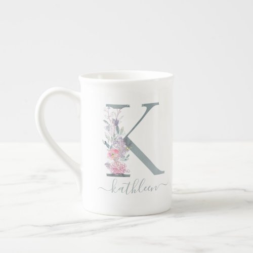 Monogram Blush Pink Watercolor Floral Letter K Bone China Mug