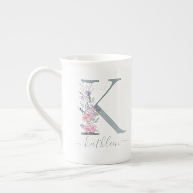 Monogram Blush Pink Watercolor Floral Letter K Bone China Mug (Left)