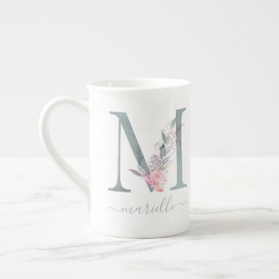 Monogram Blush Pink Watercolor Floral Letter M Bone China Mug