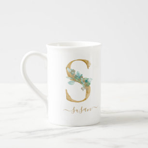 Monogram Blush Pink Watercolor Floral Letter S Bon Bone China Mug
