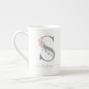 Monogram Blush Pink Watercolor Floral Letter S Bone China Mug