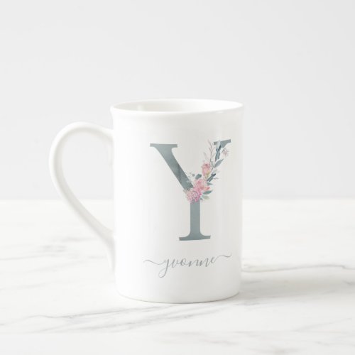 Monogram Blush Pink Watercolor Floral Letter Y Bone China Mug