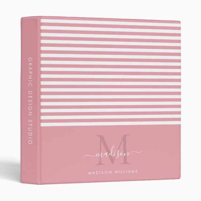 Monogram Blush Pink White Stripes Script Office 3 Ring Binder (Front/Spine)