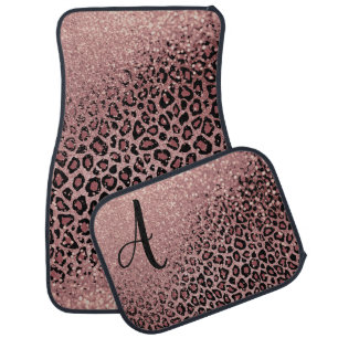 Monogram Blush Rose Gold Leopard & Glitter Car Floor Mat