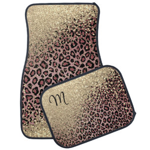 Monogram Blush Rose Gold Leopard & Gold Glitter Car Floor Mat