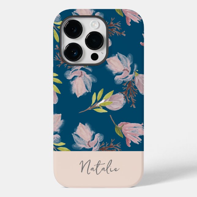 Monogram Boho and beautiful navy blue and pink Case-Mate iPhone Case (Back)