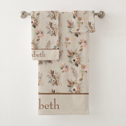 Monogram Boho Beige Brown Botanical Grass Floral  Bath Towel Set