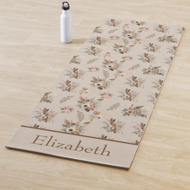 Monogram Boho Beige Brown Botanical Grass Floral  Yoga Mat (In Situ)
