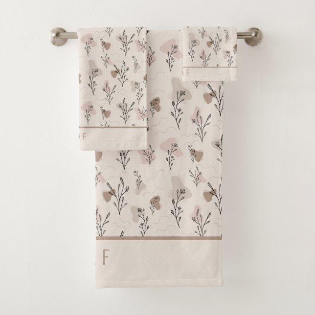 Monogram Boho Beige Cream Brown Pink Botanical  Bath Towel Set (Insitu)
