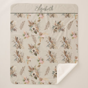 Monogram Boho Beige Green Pink Floral Botanical Sherpa Blanket