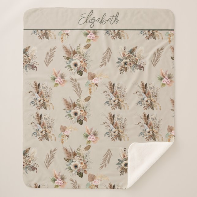 Monogram Boho Beige Green Pink Floral Botanical  Sherpa Blanket (Front)