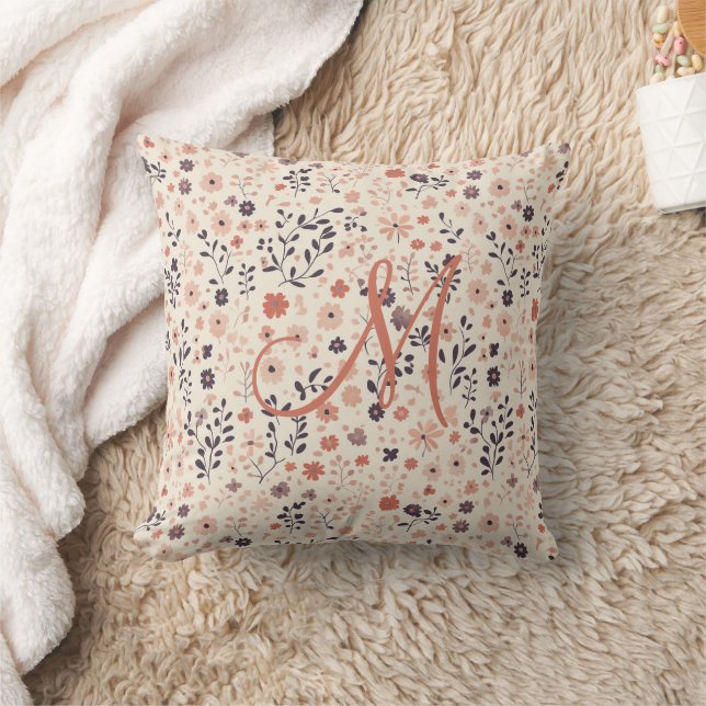 Monogram Boho Blush Pink Beige Coral Wildflower Throw Pillow (Blanket)