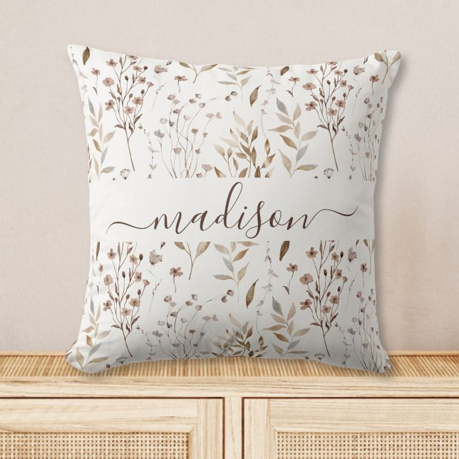 Monogram Boho Brown Pretty Flowers Leaves Pattern Throw Pillow (In situ)