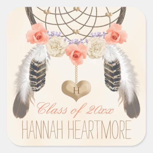 MONOGRAM BOHO DREAM CATCHER GRADUATION CLASS OF SQUARE STICKER