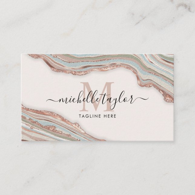 Monogram Boho  Earth Tones Agate Blush Pink Business Card (Front)