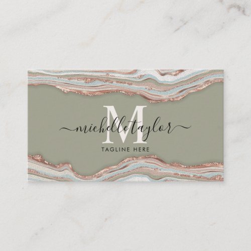 Monogram Boho  Earth Tones Agate Sage Green Business Card