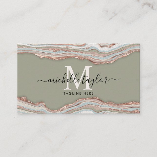 Monogram Boho  Earth Tones Agate Sage Green Business Card (Front)