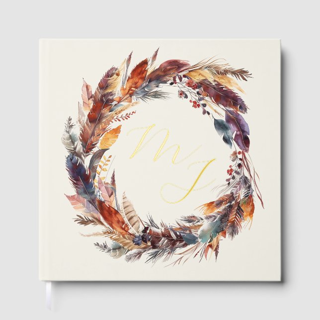 Monogram Boho Feathers Wreath Wedding Gold Foil Foil Guest Book (Front)