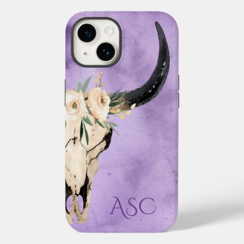 Monogram Boho Floral Skull on Purple Background Case_Mate iPhone 14 Case