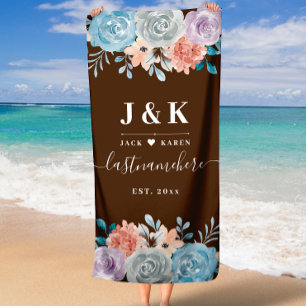 Monogram Boho Floral Wedding Beach Towel
