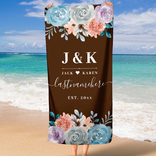 Monogram Boho Floral Wedding  Beach Towel