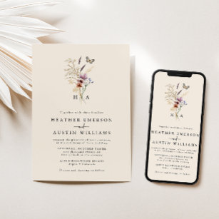 Monogram Boho Floral Wedding Invitation