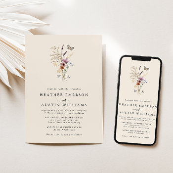 Monogram Boho Floral Wedding Invitation by The_Painted_Paperie at Zazzle