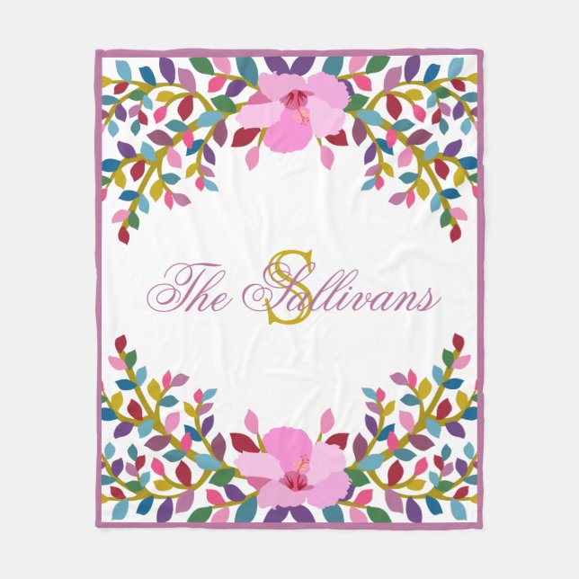 Monogram Boho Foliage Hibiscus Fleece Blanket (Front)