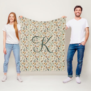 Monogram Boho Leaves Botanical Brown Green Beige Fleece Blanket