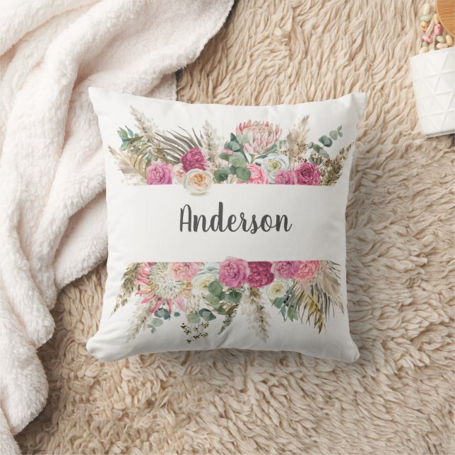  Monogram Boho Pink Floral Pampas Grass Botanical Throw Pillow (Blanket)