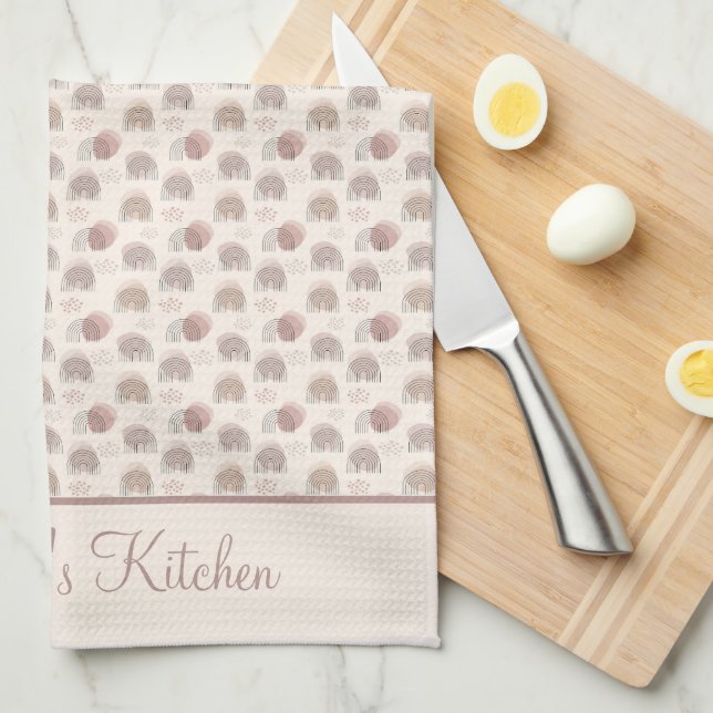 Monogram Boho Rainbow Abstract Beige Cream Pink Kitchen Towel (Quarter Fold)