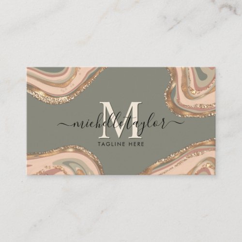 Monogram Boho Sage Green Earth Tones Agate  Busine Business Card