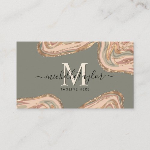 Monogram Boho Sage Green Earth Tones Agate  Business Card