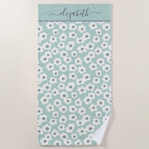 Monogram Boho Sage Green White Gray Floral  Beach Towel